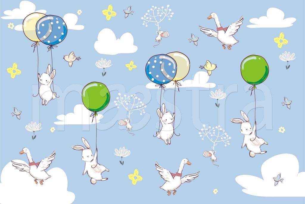 Фотообои Птицы и кролики в облаках на воздушных шарах на синем фоне